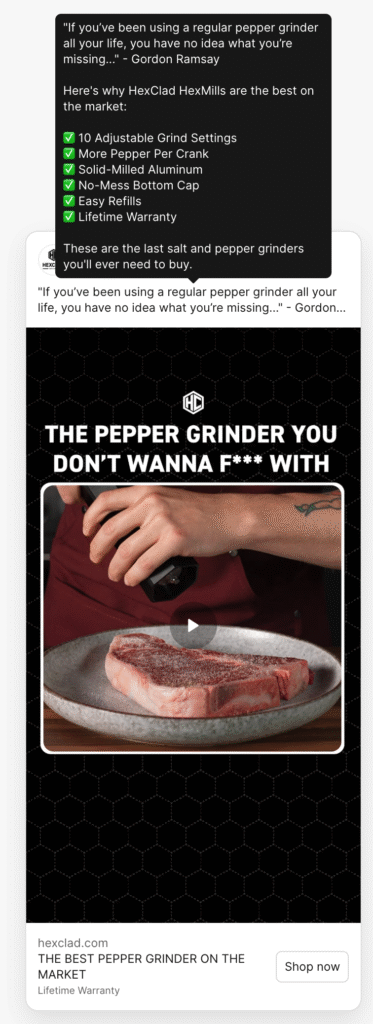 Screenshot of testiominal ad copy